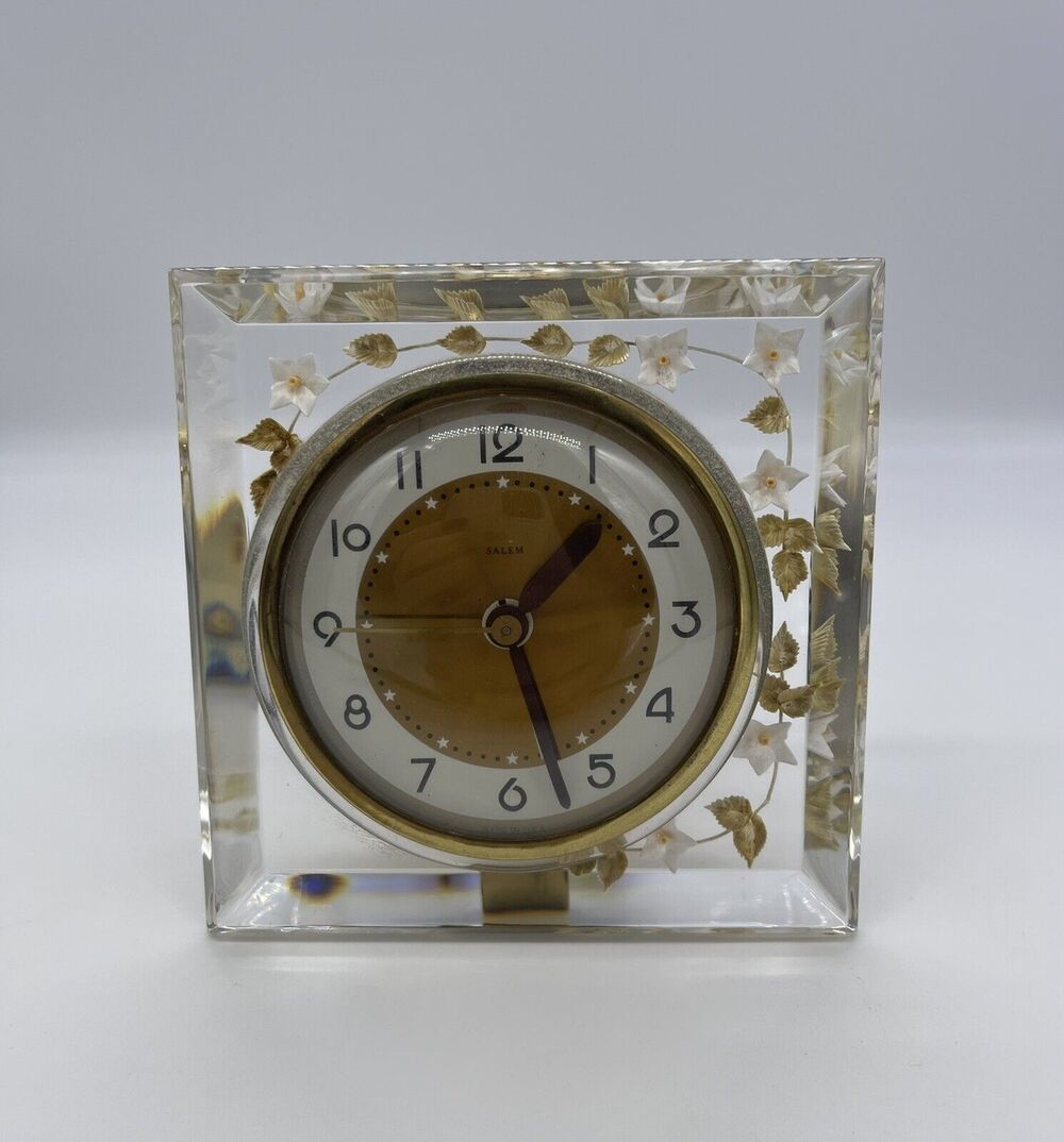 Salem Co. Clock Clear Lucite w/ Flowers Made in USA WORKS